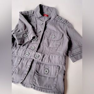 Solid Color Short Sleeve cropped Retro Coat. Steel Blue